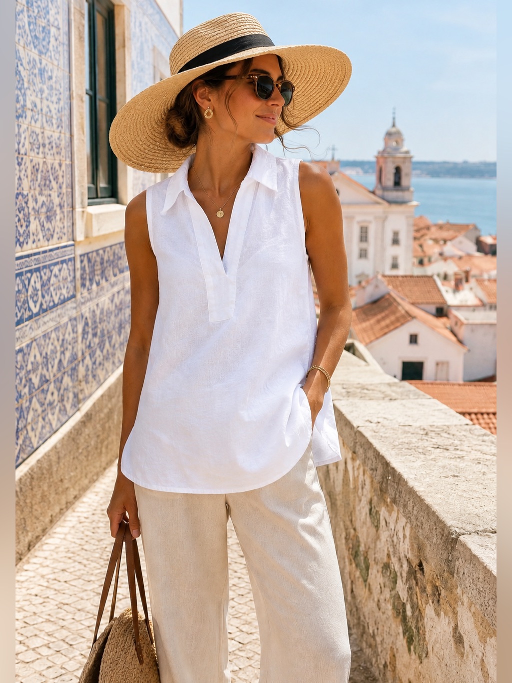Neiman Marcus White Linen Sleeveless Tunic Top Luxury Resort Cruise Eurosummer M